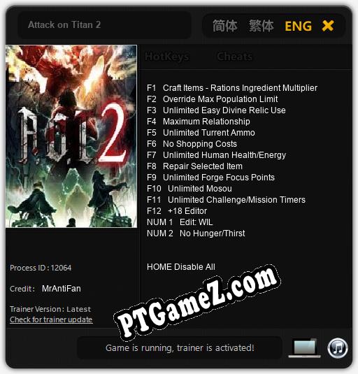 Treinador liberado para Attack on Titan 2 [v1.0.2]