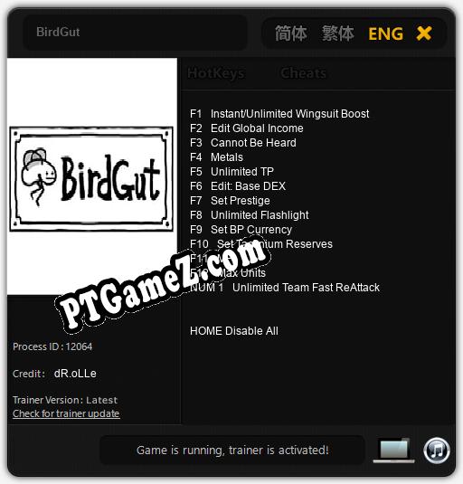 Treinador liberado para BirdGut [v1.0.5]