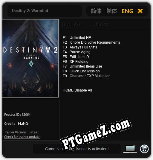 Treinador liberado para Destiny 2: Warmind [v1.0.1]