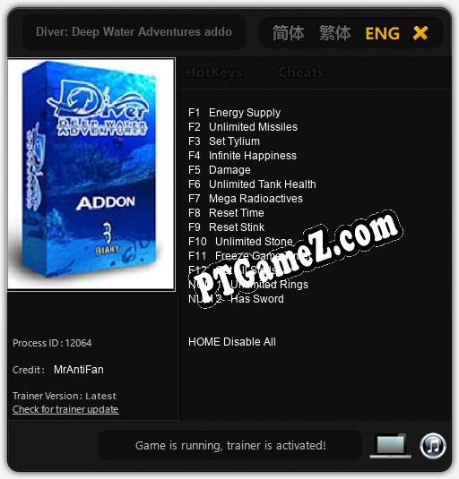 Diver: Deep Water Adventures addon: Treinador (V1.0.74)