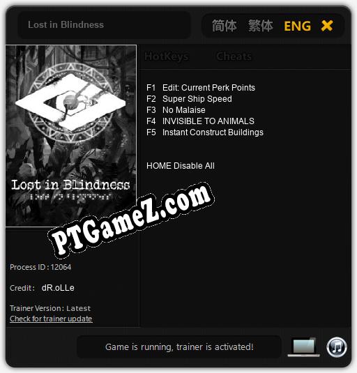 Treinador liberado para Lost in Blindness [v1.0.8]