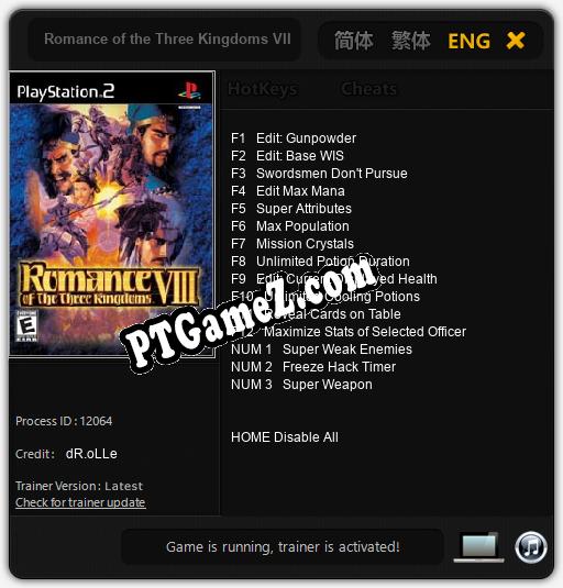 Romance of the Three Kingdoms VIII: Trainer +15 [v1.9]