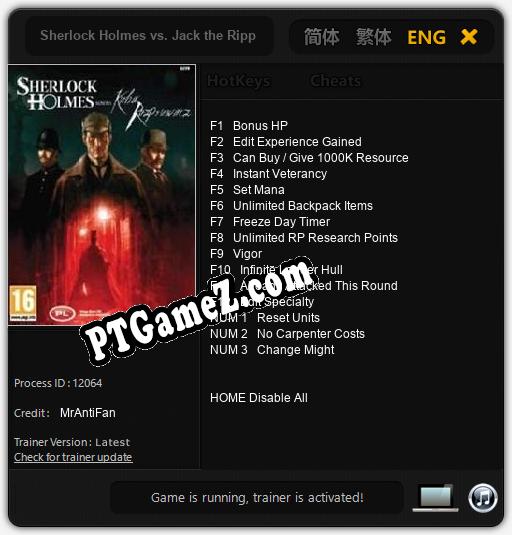 Sherlock Holmes vs. Jack the Ripper: Treinador (V1.0.72)