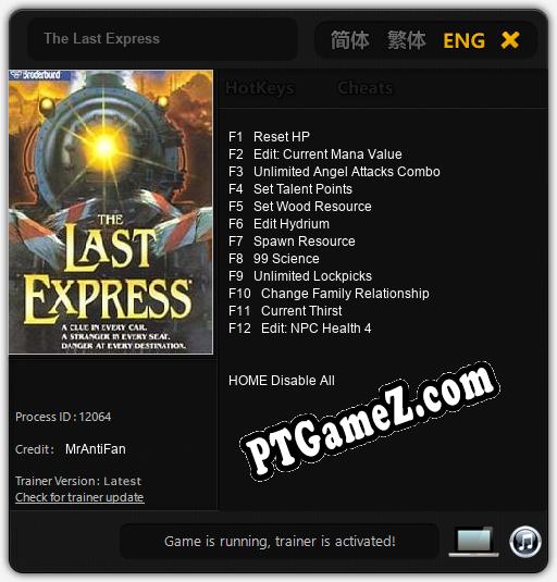 Treinador liberado para The Last Express [v1.0.7]