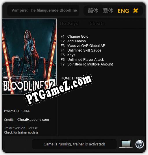 Vampire: The Masquerade Bloodlines 2: Treinador (V1.0.84)